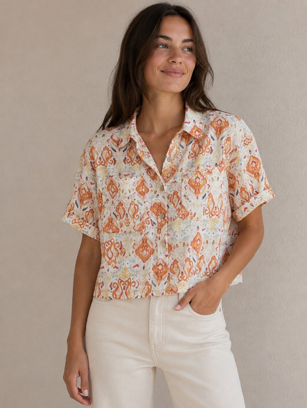 Linen/Rayon Bland Christian Siriano Ikat Print Cropped Button Up Shirt S